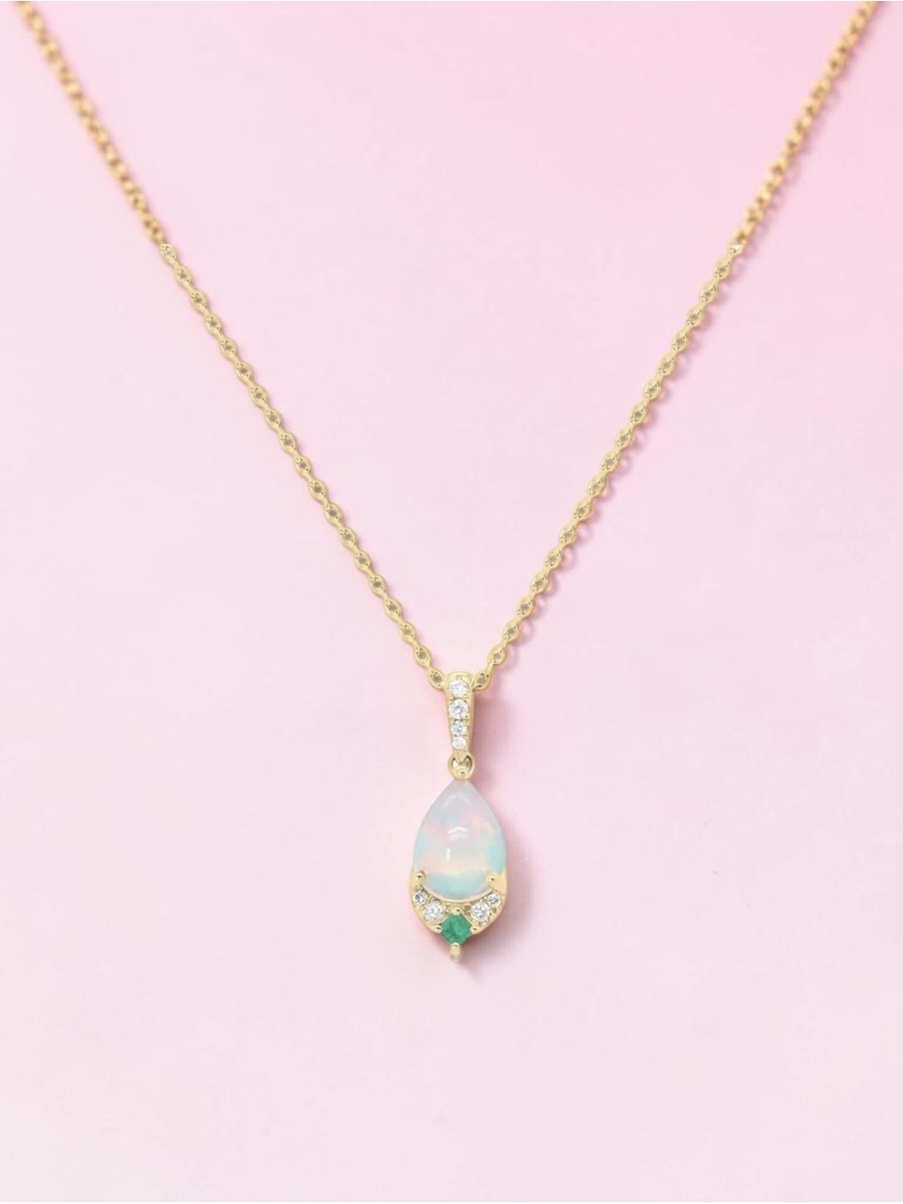 0.82 Ct Opal, Emerald &Natural diamond Prong Pendant 10K solid yellow gold